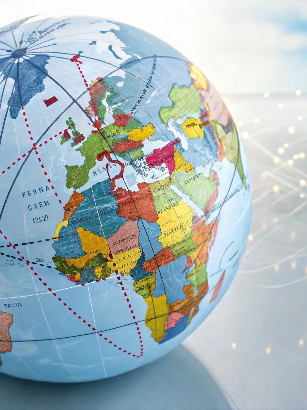 An image showcasing a world map with shipping routes highlighted, emphasizing Mulah's global perspective and understanding of international trade.