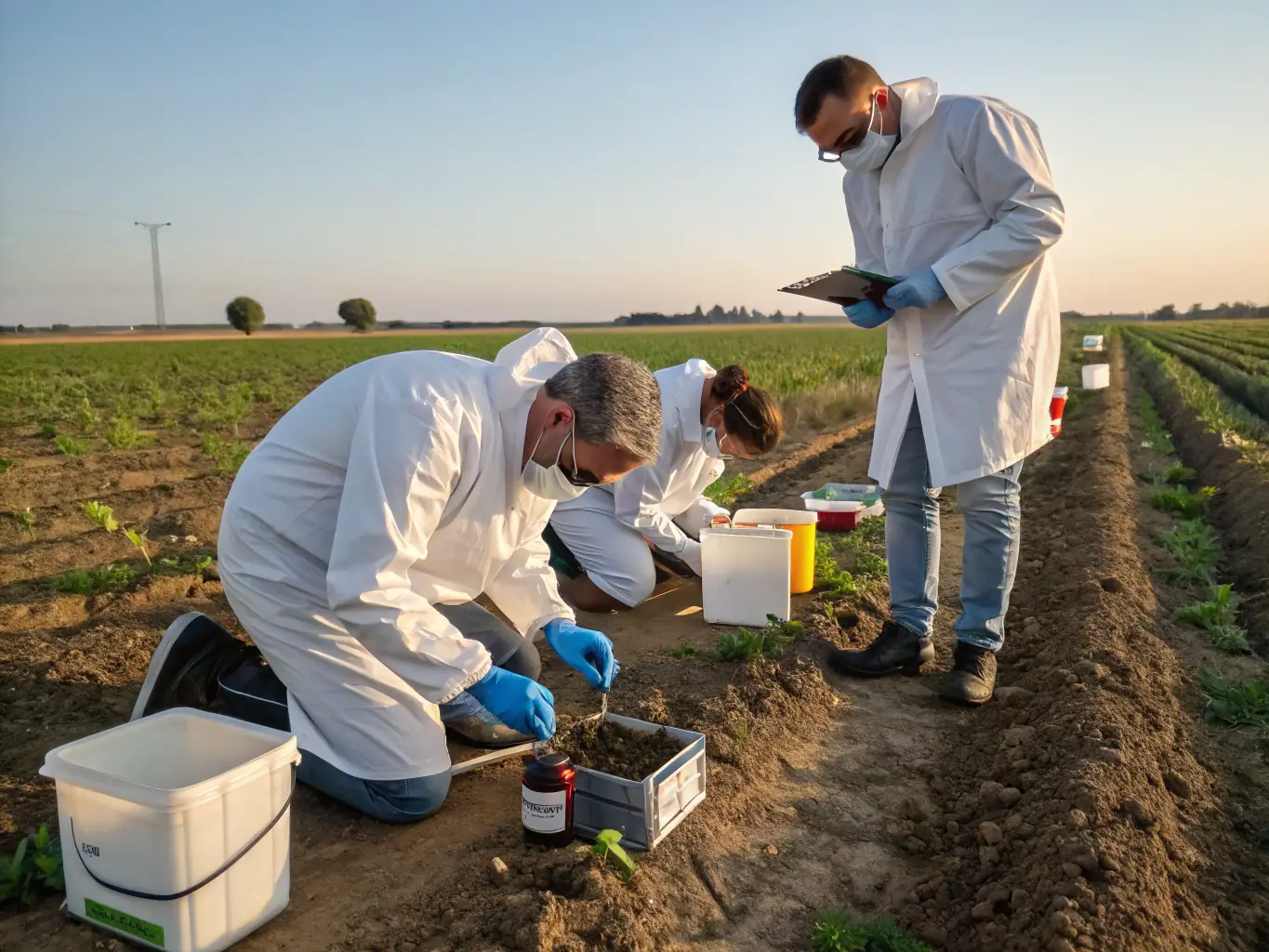 A vibrant image of a team of environmental scientists working outdoors, collecting samples and analyzing data, with modern equipment in a lush, green environment.