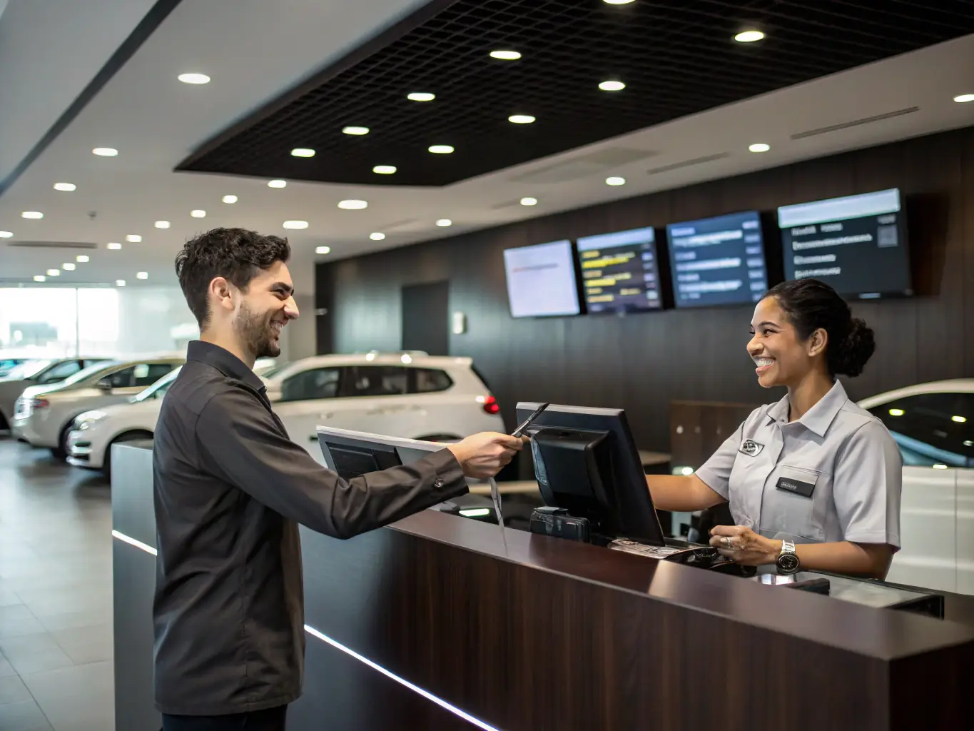 An image depicting a modern car rental office with employees assisting customers, highlighting the operational efficiency that can be achieved through strategic funding.