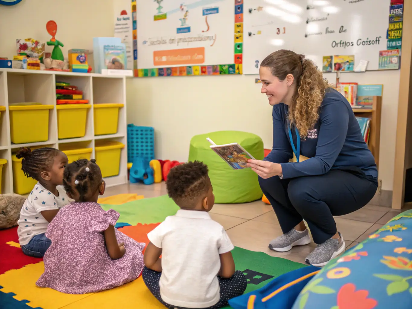 A group of happy and engaged day care teachers interacting with children, highlighting the importance of quality care and education.