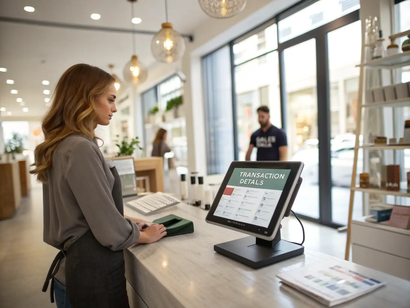 A convenience store owner using a tablet to manage finances, illustrating the ease and efficiency gained through Mulah's streamlined funding process.