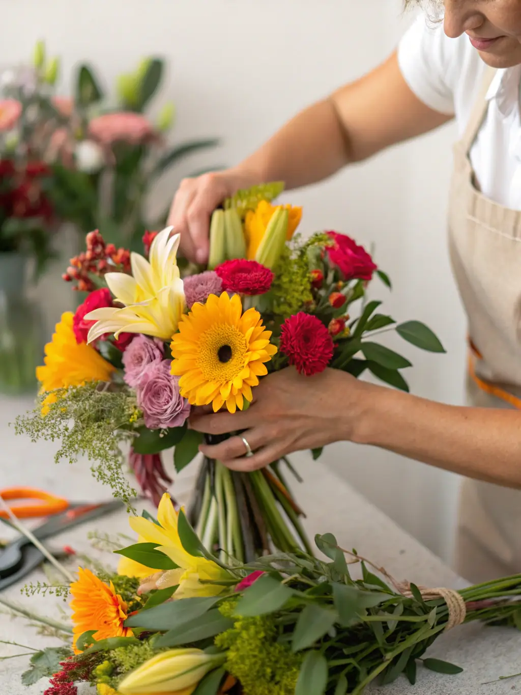 A florist arranging a vibrant bouquet of roses, lilies, and carnations in a brightly lit flower shop, symbolizing the beauty and artistry of the floral business.