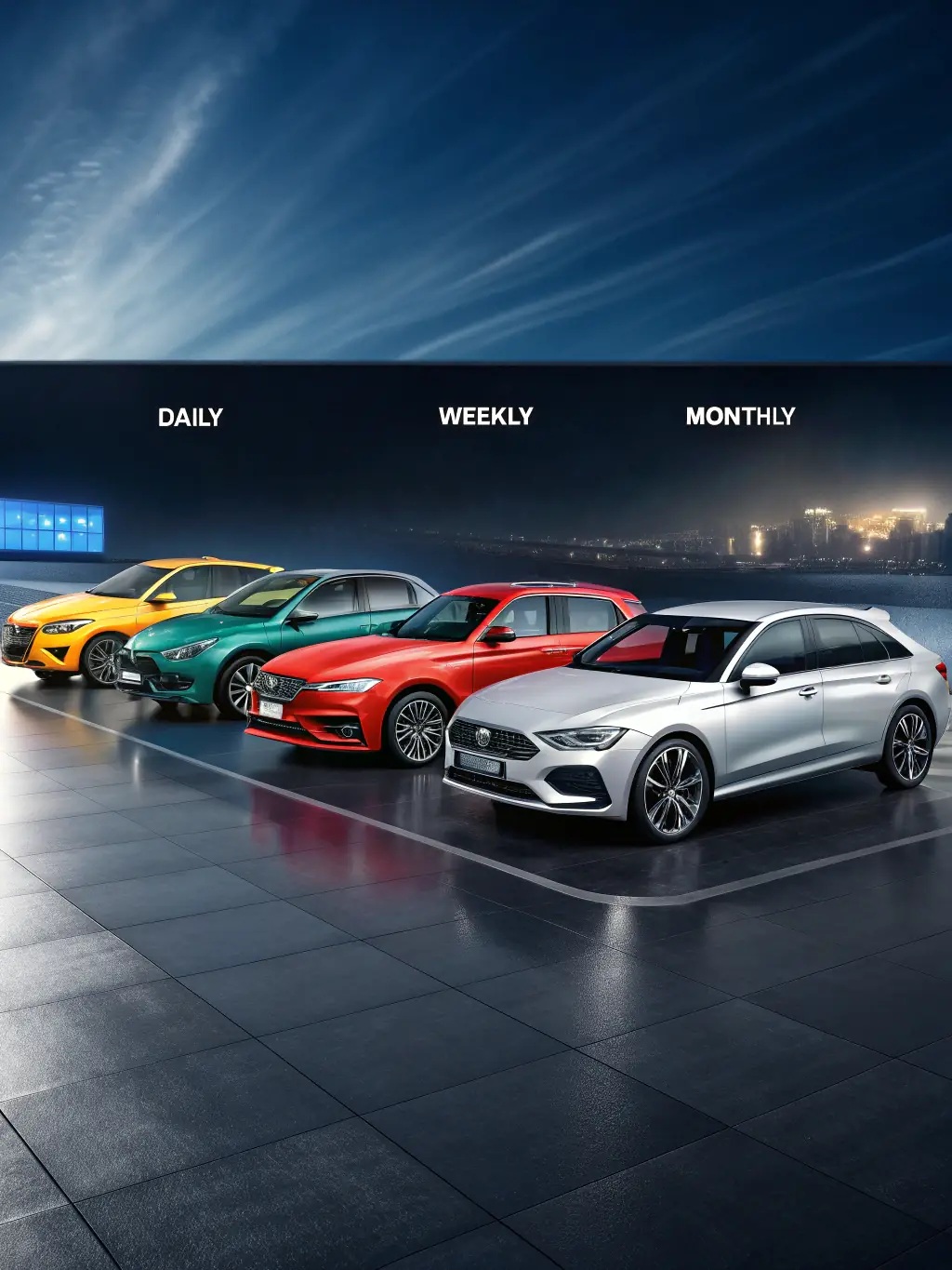 A visual representation of a car rental fleet expanding, with new vehicles being added, symbolizing growth and scalability.