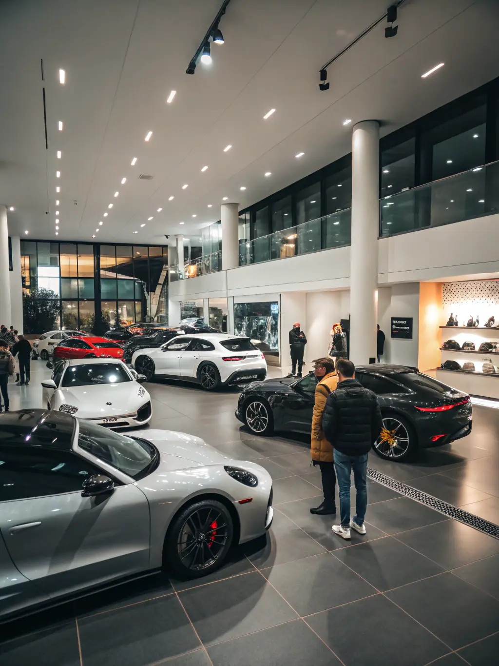 A well-lit car dealership showroom with several new cars on display, potential customers browsing, representing term loan usage for inventory.