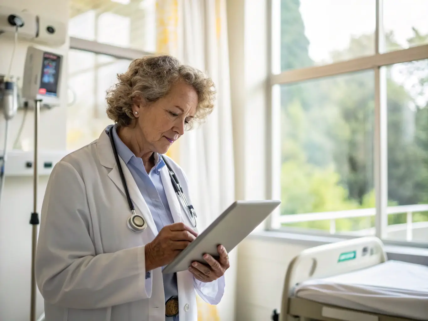 A doctor is confidently using a tablet to review patient data and manage practice finances, illustrating the ease and efficiency that Mulah's funding solutions bring to healthcare management.