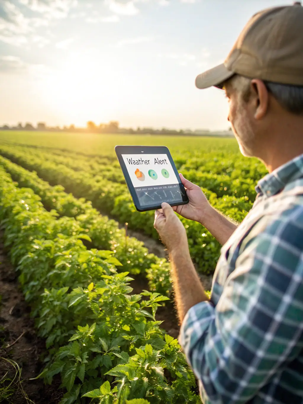 A farmer using a tablet to monitor crop health and manage resources, highlighting the integration of technology in modern farming and the need for innovation funding.