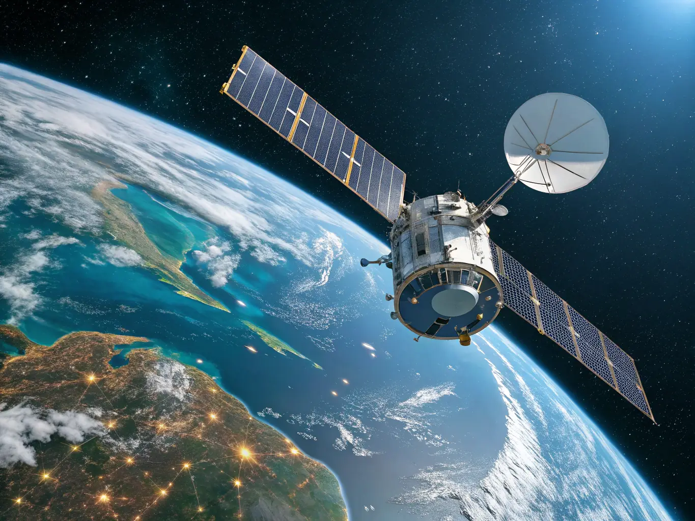 A high-tech satellite orbiting Earth, symbolizing the aerospace industry's reliance on advanced technology and the need for specialized funding.