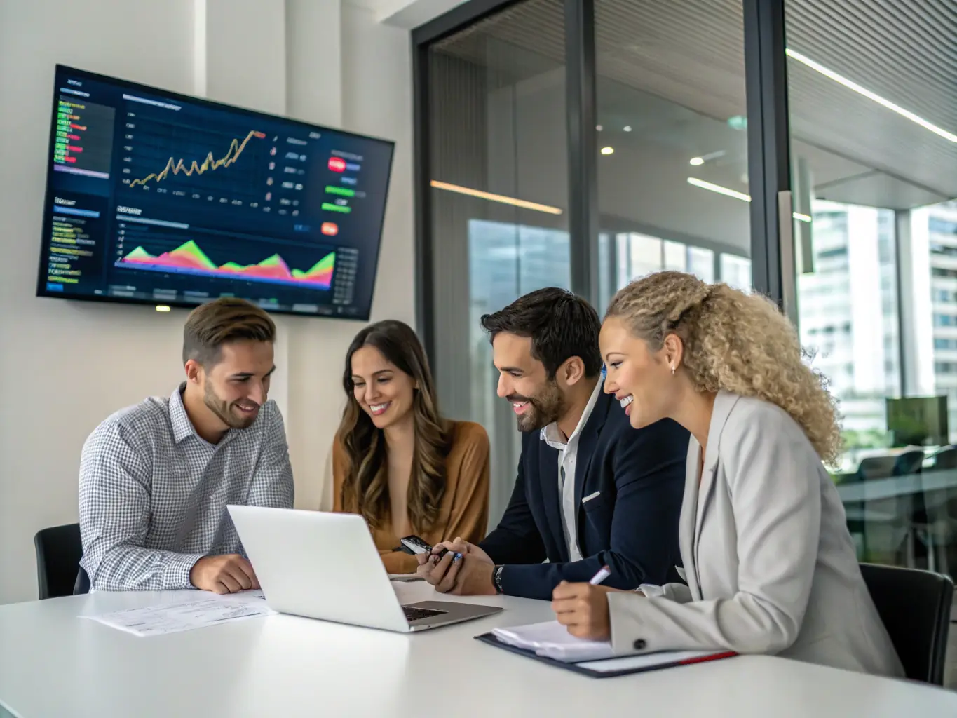 A diverse team of financial experts collaborating on a funding strategy, representing Mulah's commitment to quick approvals and efficient service.