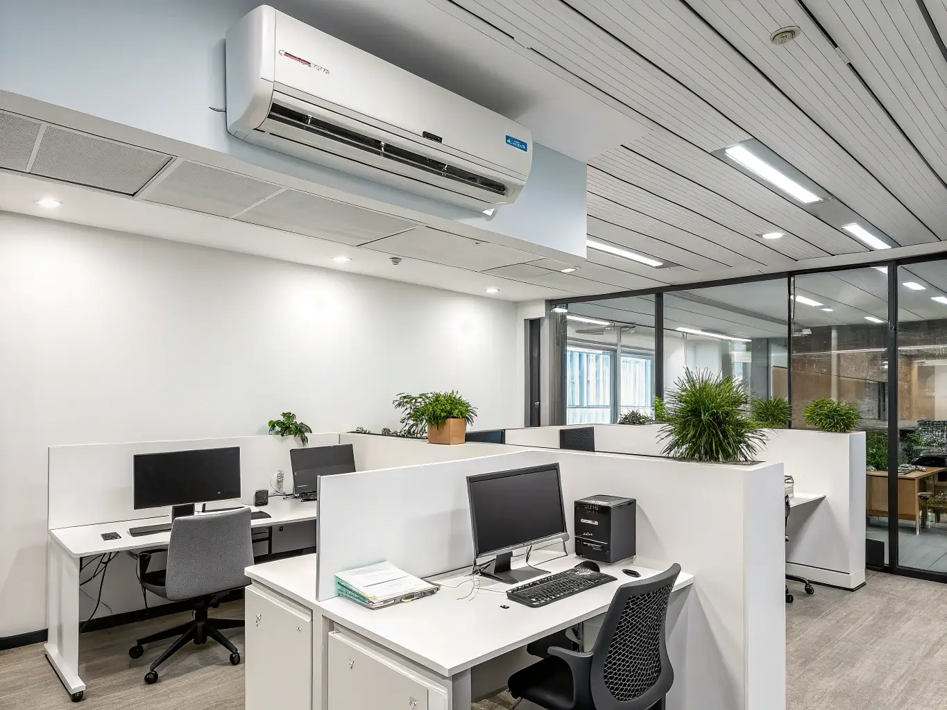 A busy HVAC company office with employees working on computers and phones, illustrating the need for working capital.