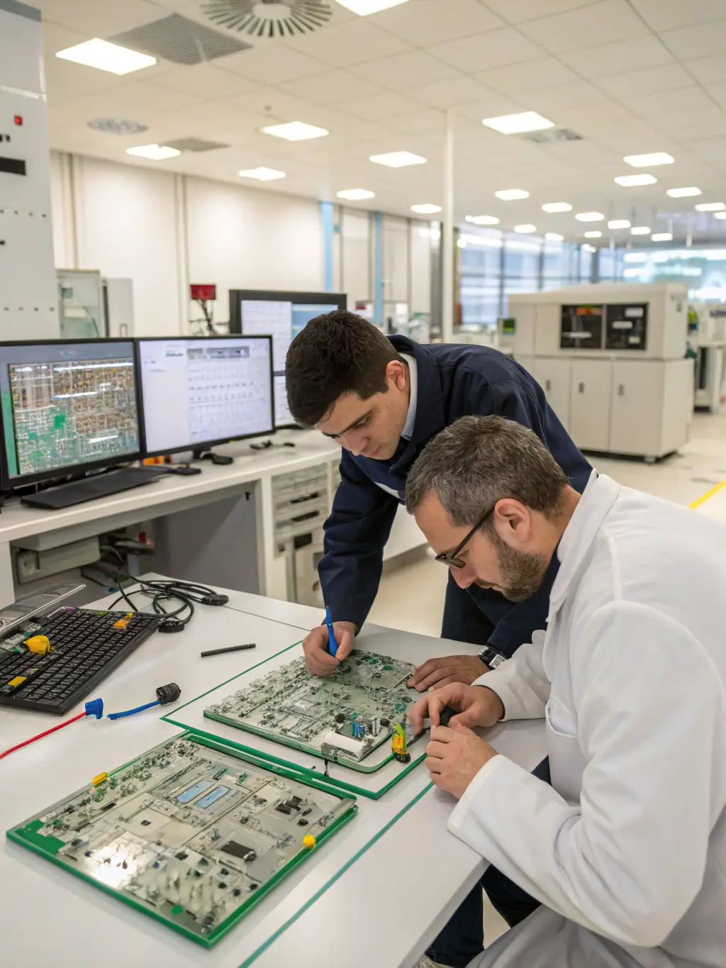 An image of a diverse team of engineers and technicians collaborating on a complex circuit board design, highlighting the innovation and skilled labor involved in electronics development.