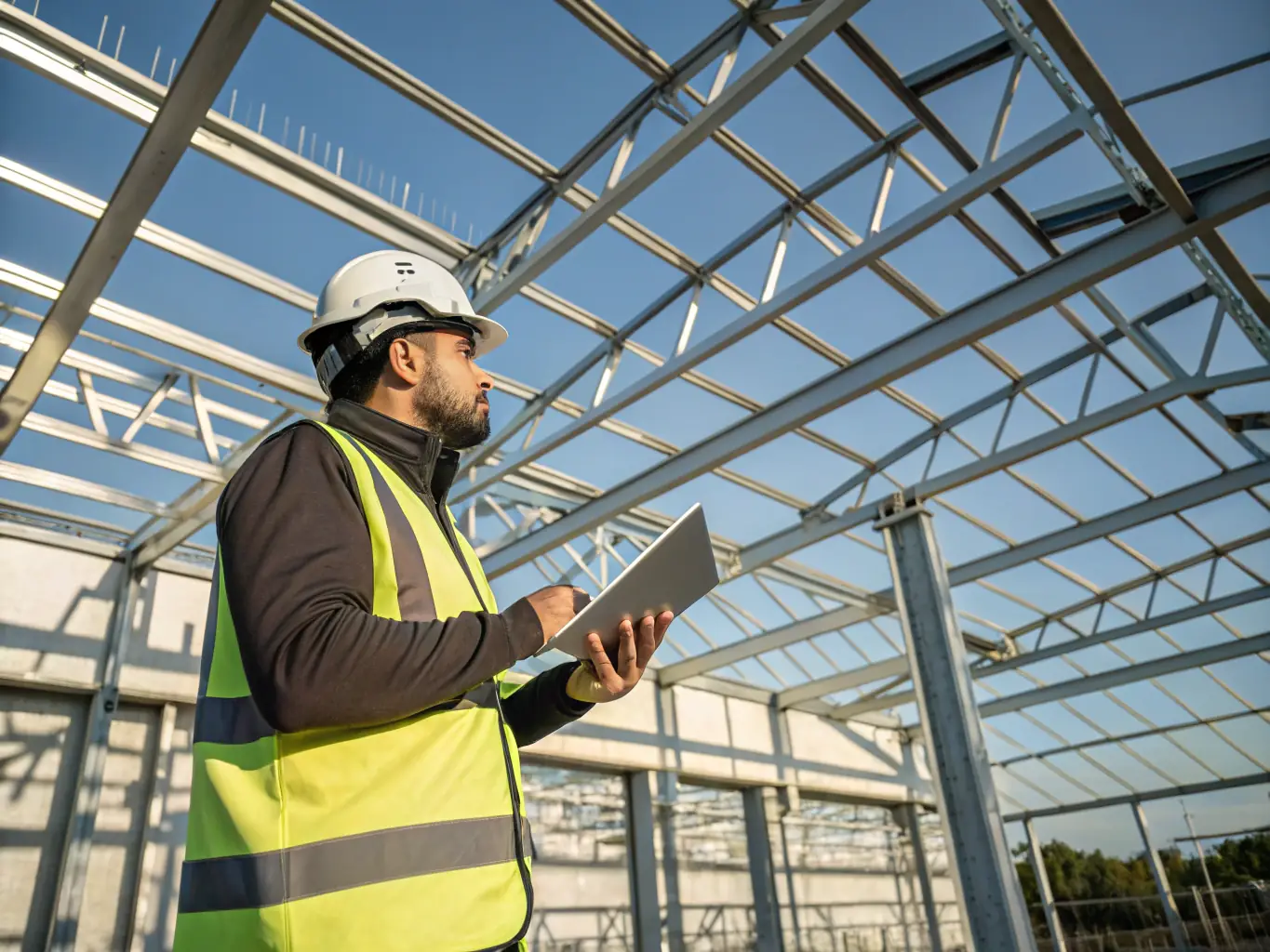 An engineer using a tablet on a construction site, representing the use of technology and real-time data in engineering projects.