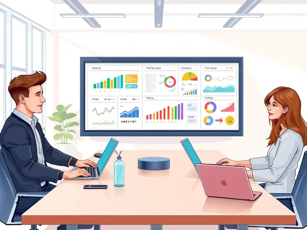 A diverse team of financial experts collaborating in a modern office, analyzing data and strategizing funding solutions for government contractors.