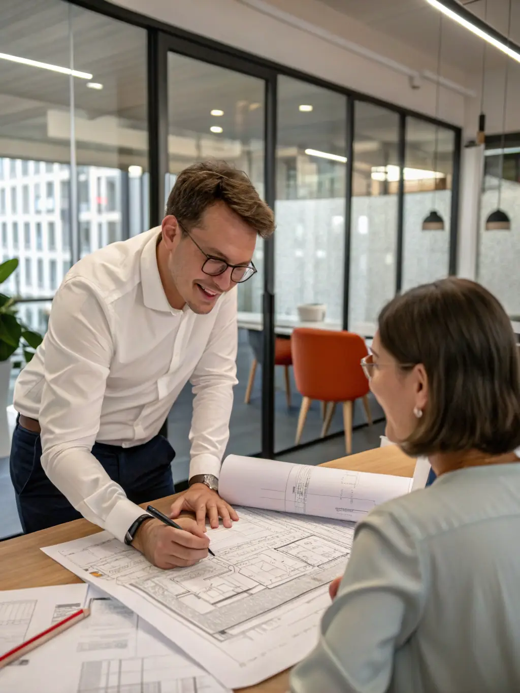 A project manager reviewing blueprints with a client, emphasizing Mulah's role in facilitating strong client relationships for engineering firms.