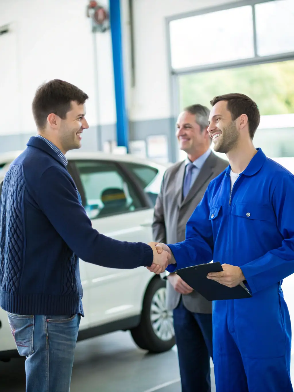 A satisfied auto repair shop owner shaking hands with an OnDeckClone representative, symbolizing a successful partnership and mutual growth.