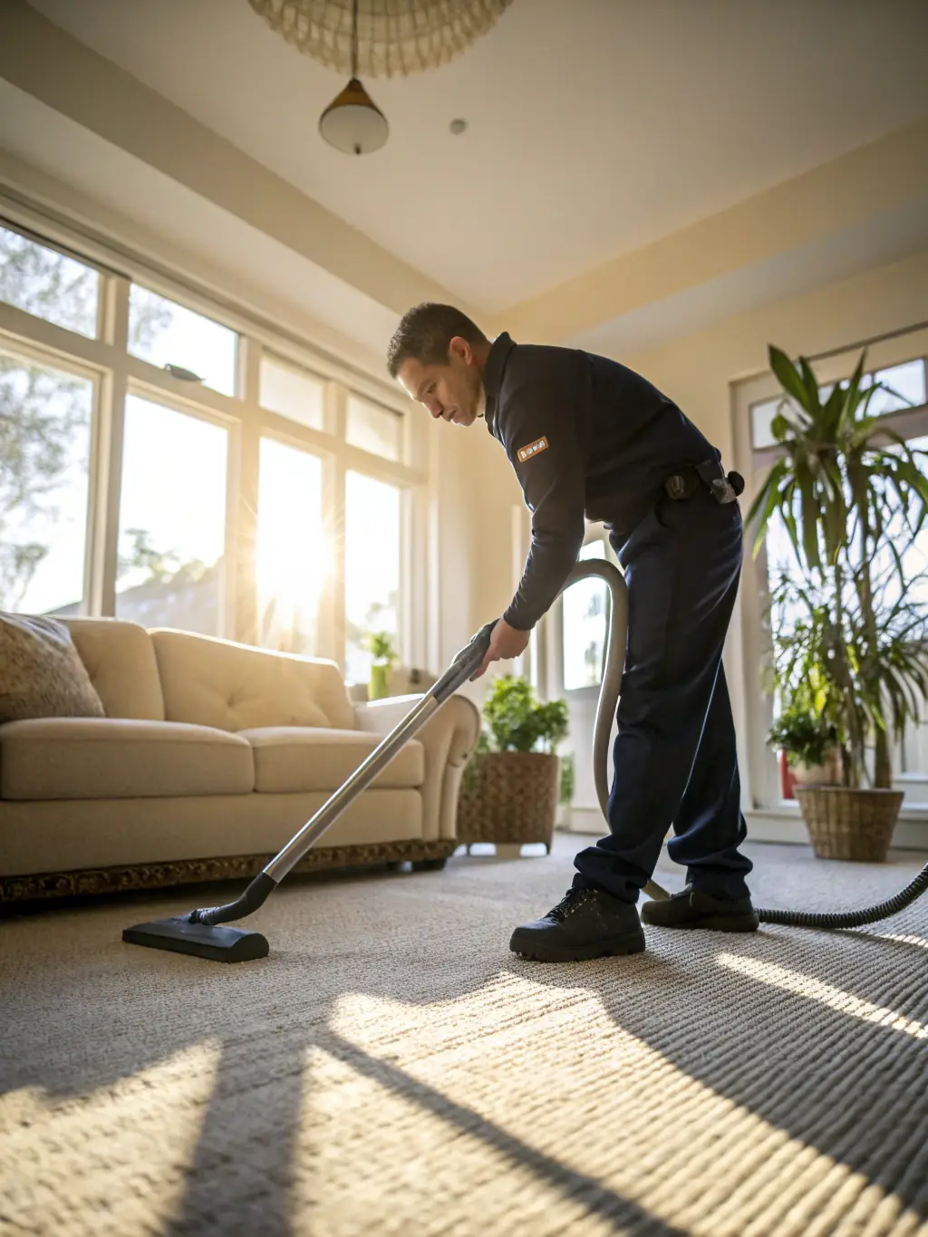 A professional cleaner using a backpack vacuum in a large office building, showcasing efficiency and modern equipment.