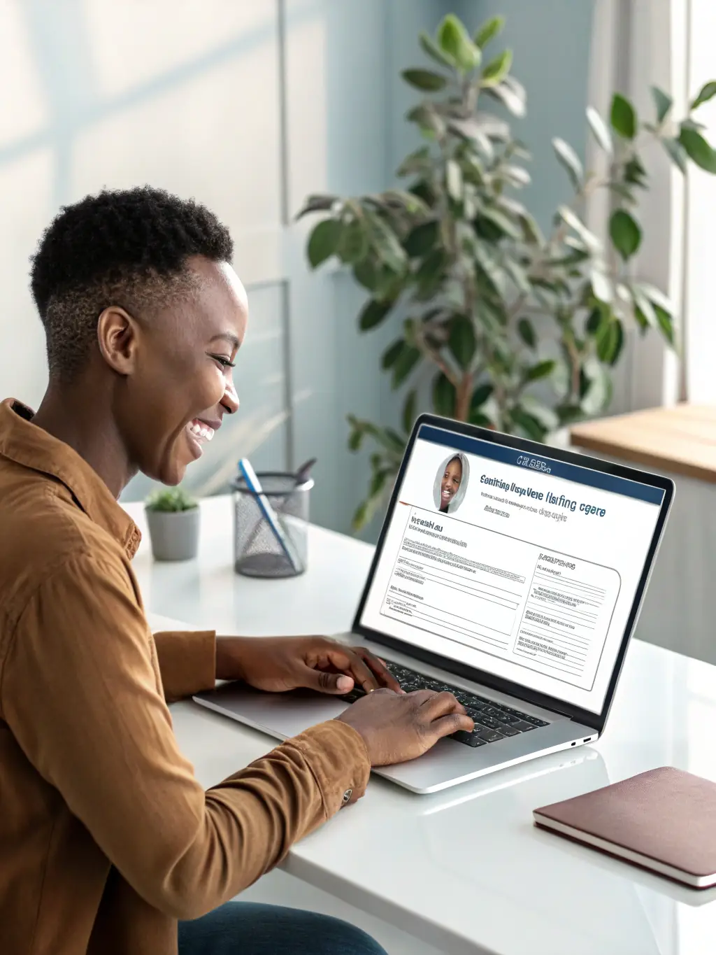A person using a laptop to fill out an online application form, with a clean and modern interface visible on the screen, representing the first step of applying for funding with OnDeckClone.