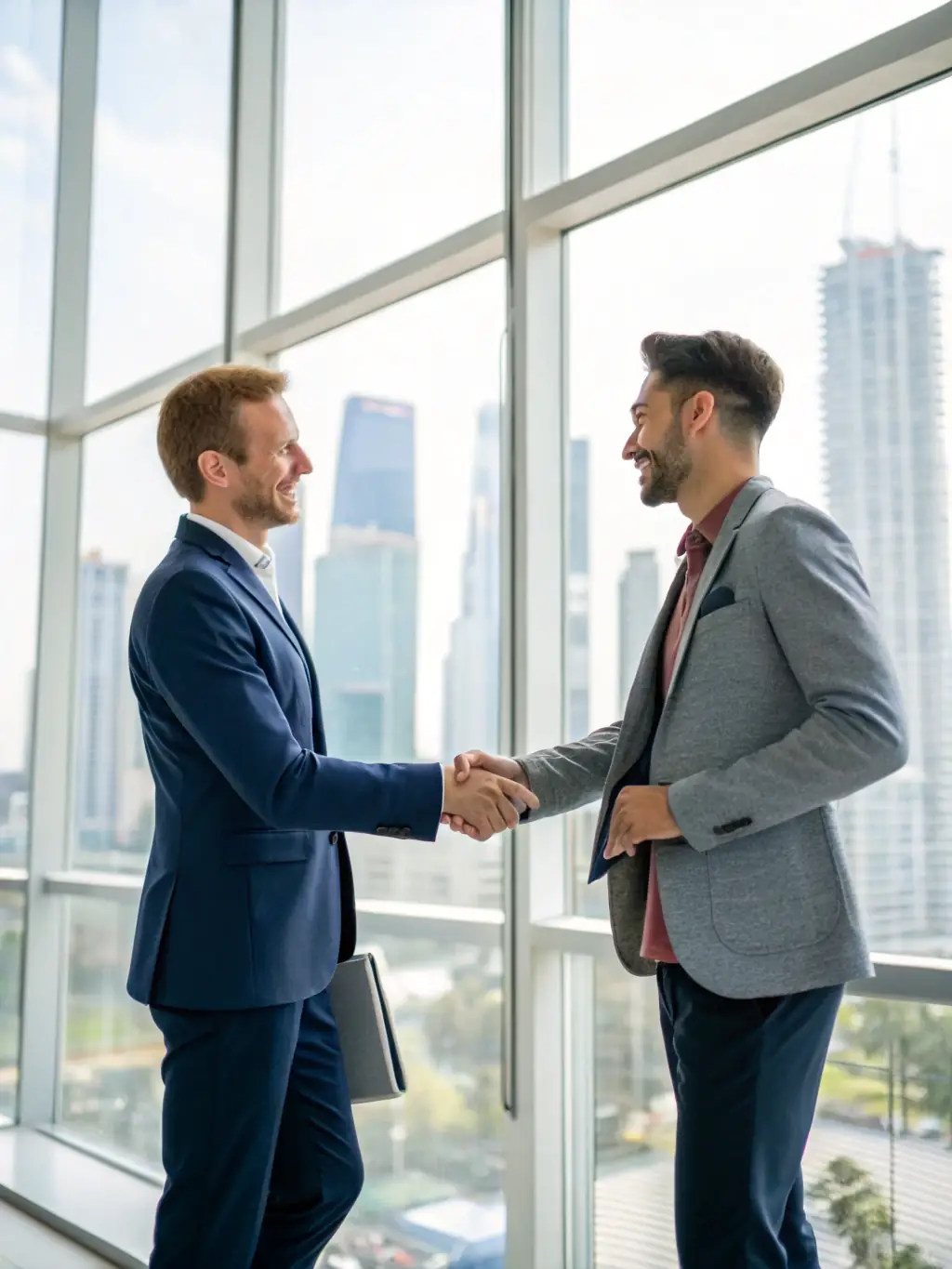 A businessman confidently shaking hands with an overseas partner, representing successful international collaborations facilitated by Mulah's funding.