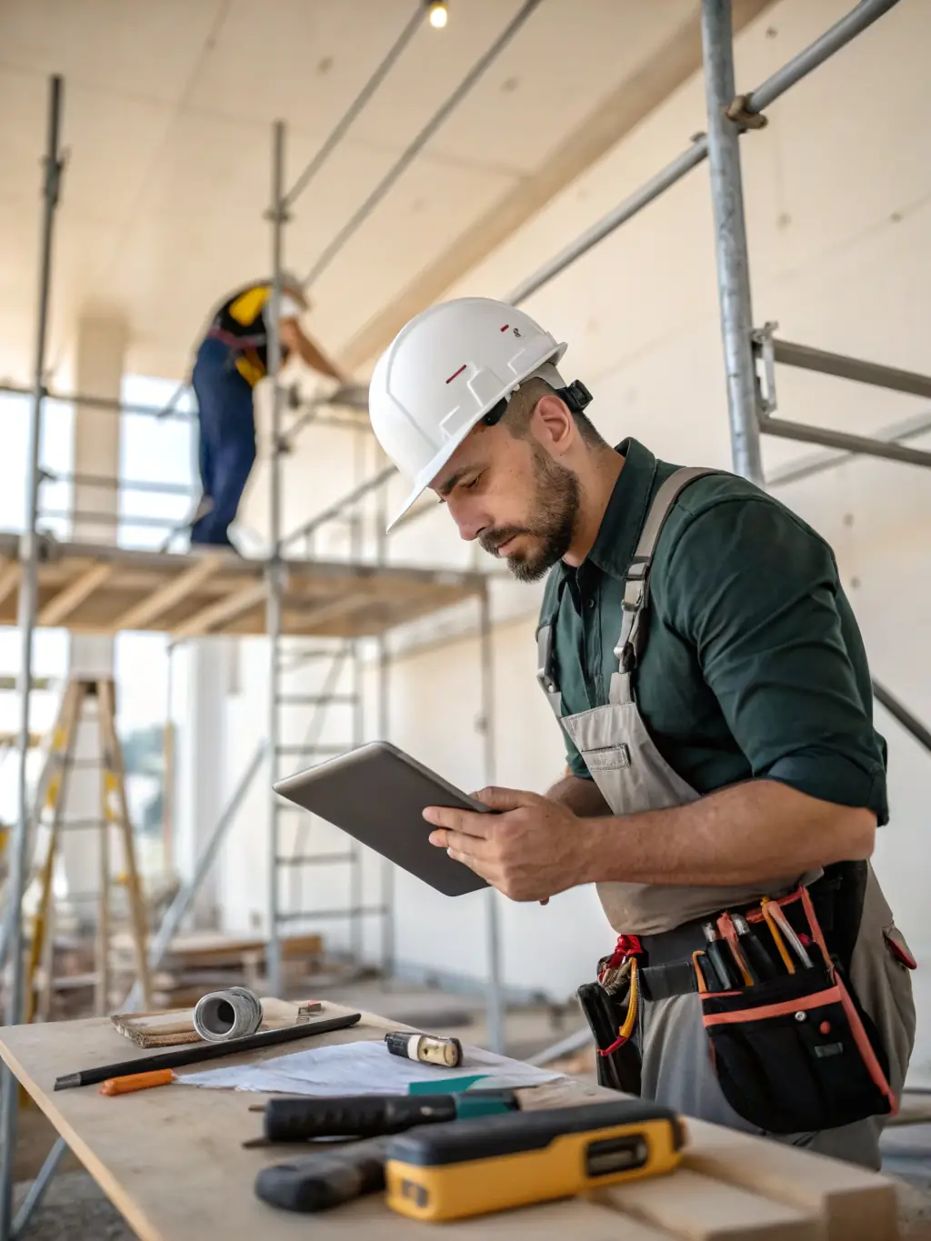 An electrician reviewing blueprints on a tablet at a construction site, with a modern building in the background, representing innovation and progress.