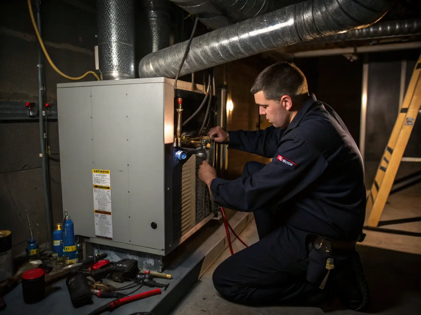 A professional HVAC technician is reviewing a detailed project plan on a tablet, showcasing the strategic use of Mulah funding for project execution and planning.