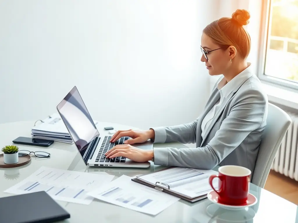 A consultant working on a laptop in a modern office setting, reviewing financial documents and planning growth strategies.