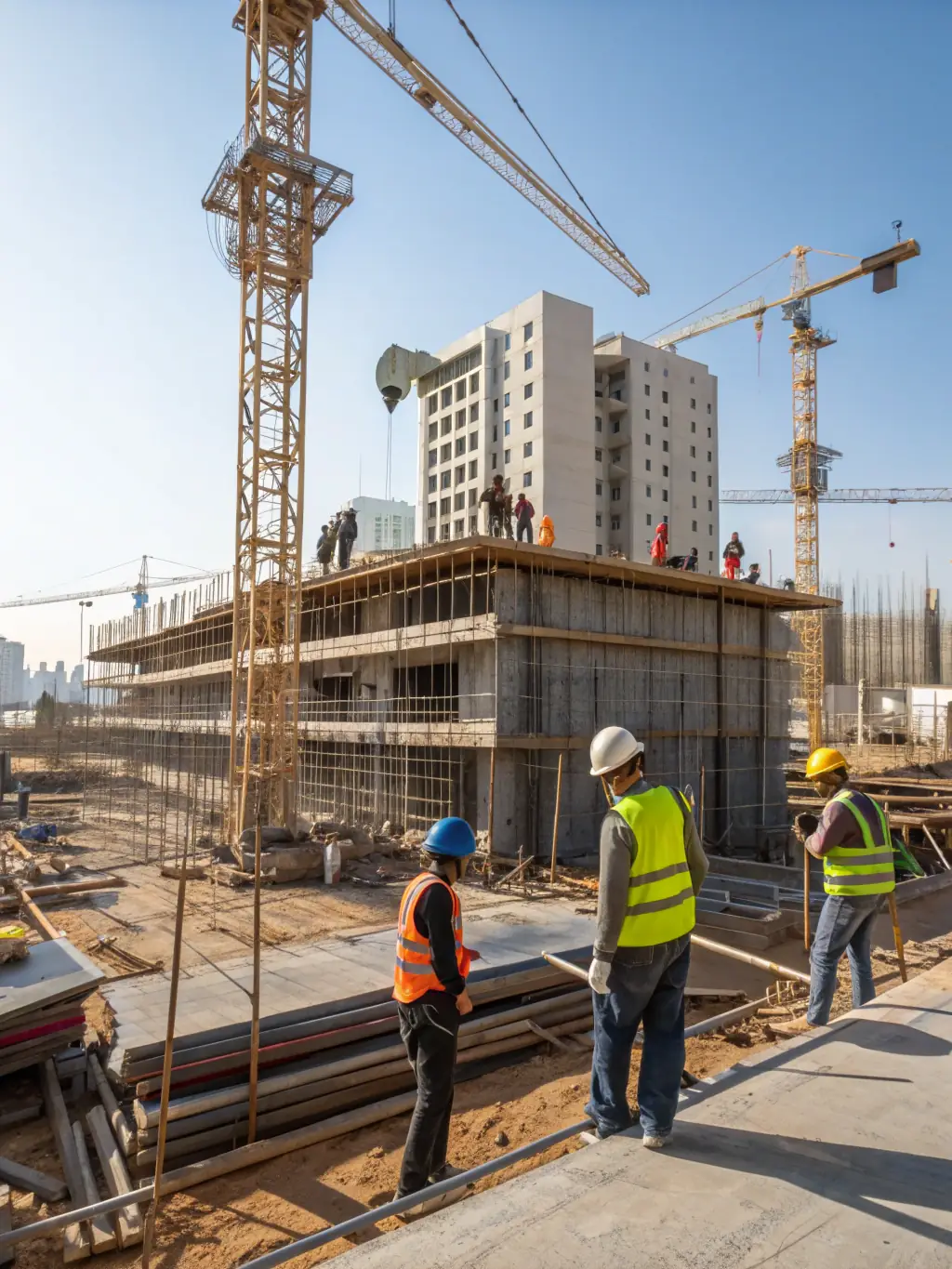 A construction site with heavy machinery and workers building a government facility, showcasing Mulah's funding support for construction projects.