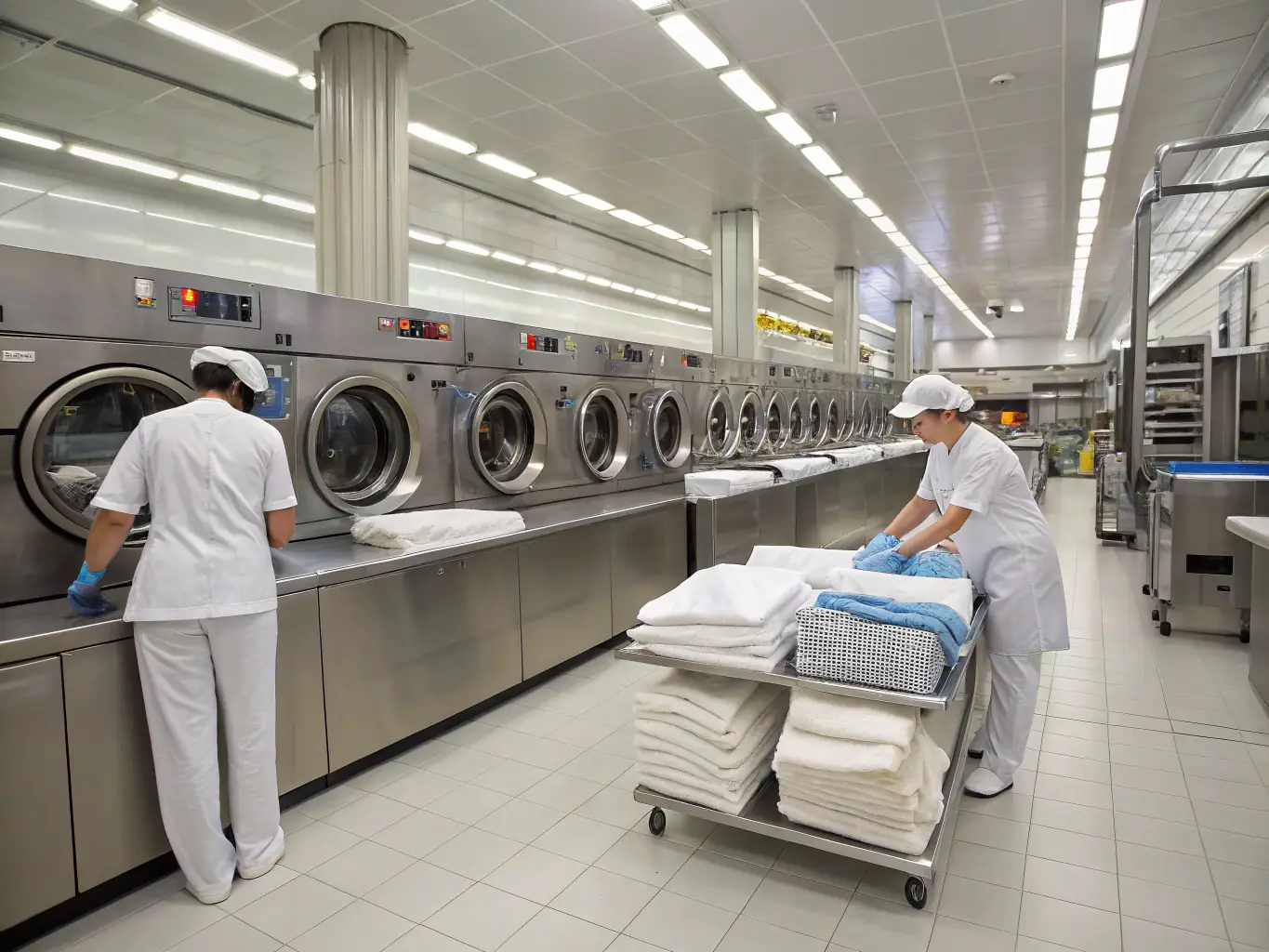 A modern dry cleaning facility with state-of-the-art equipment, showcasing a clean and efficient workspace, representing the potential for growth and modernization with Mulah's funding.