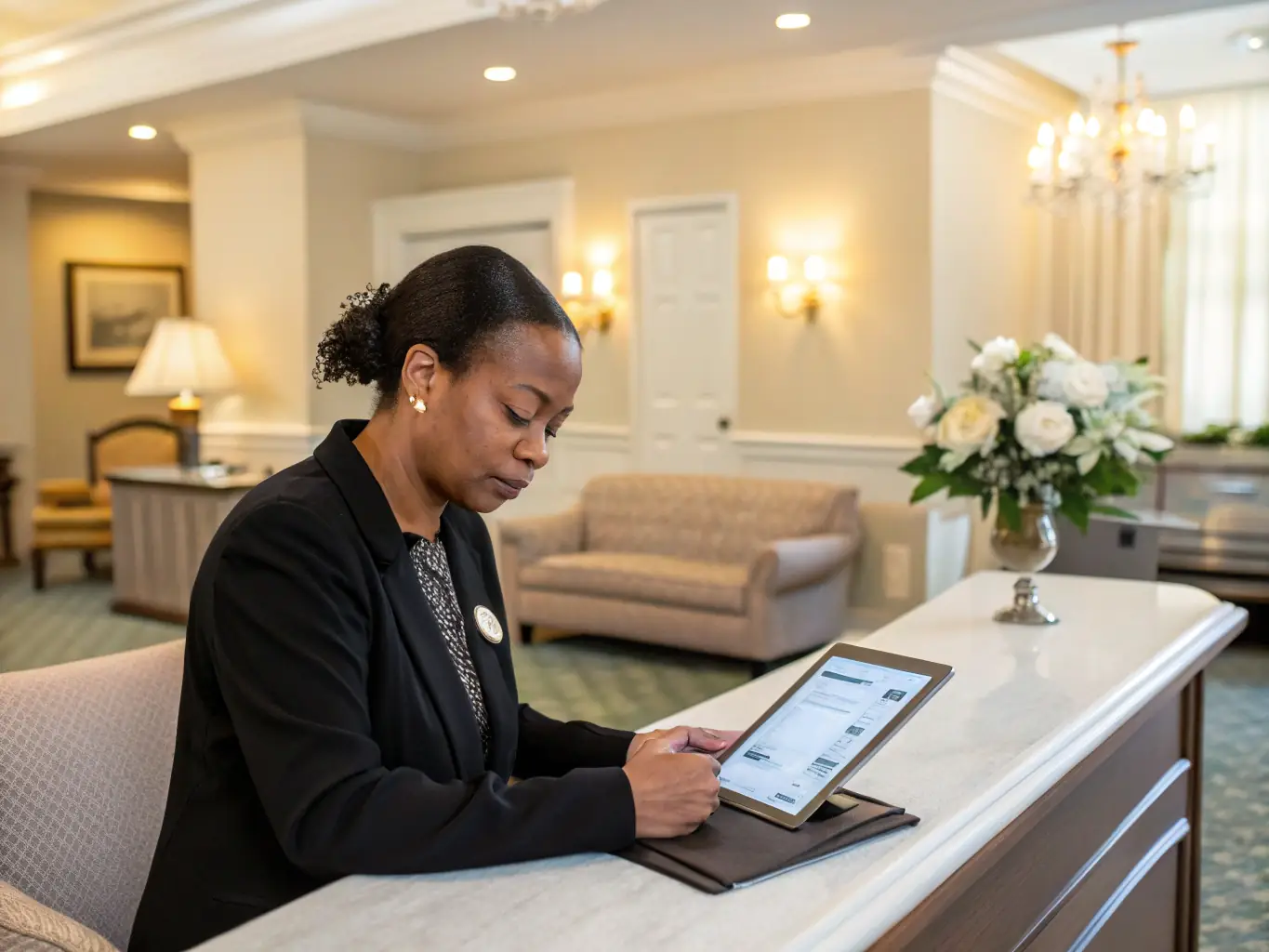 A funeral director using a tablet to manage arrangements, showcasing the efficiency gained through technology investments made possible by Mulah's funding.