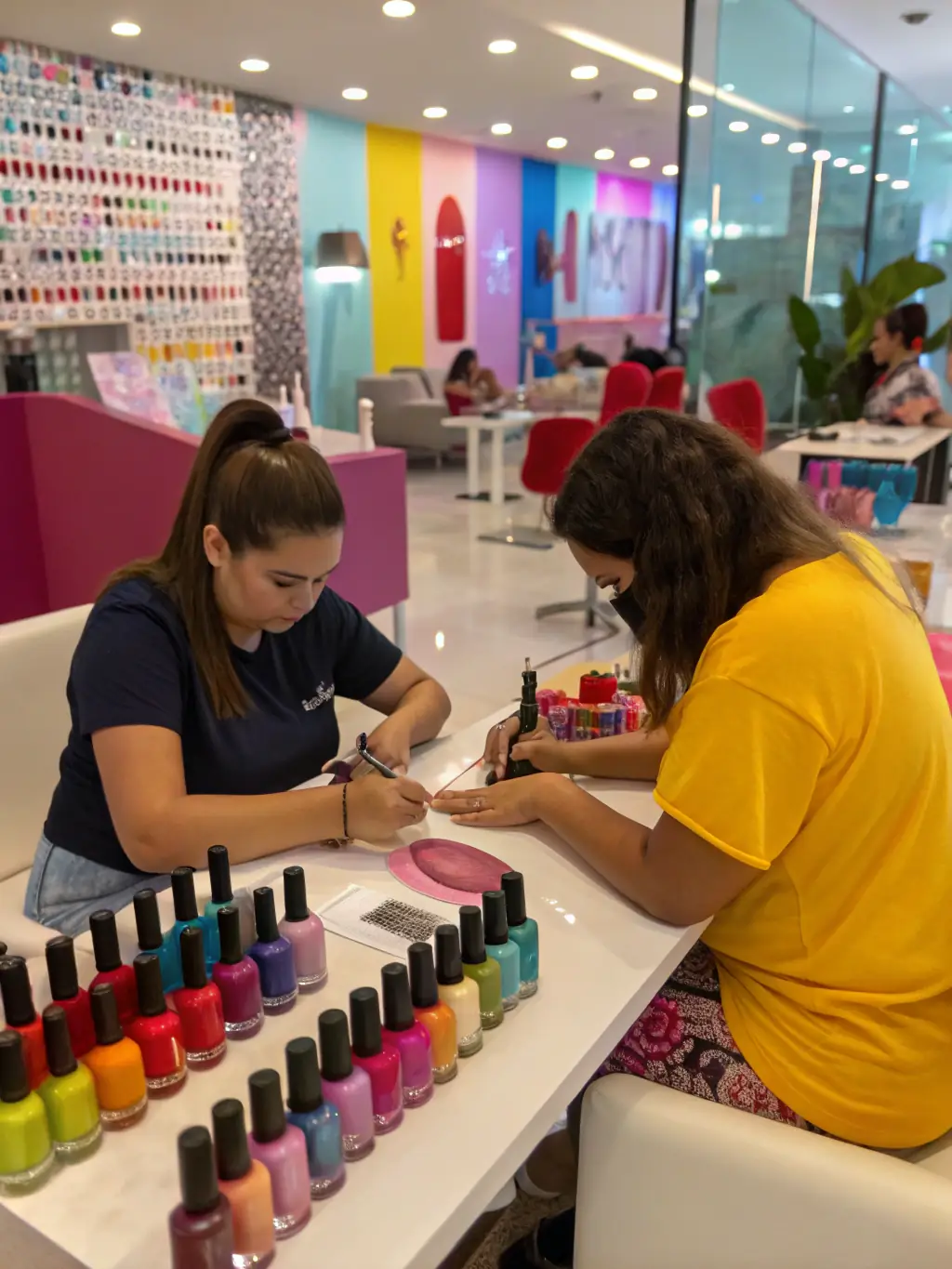 A brightly lit, modern nail salon interior with several nail technicians attending to clients, showcasing a busy and successful business environment.