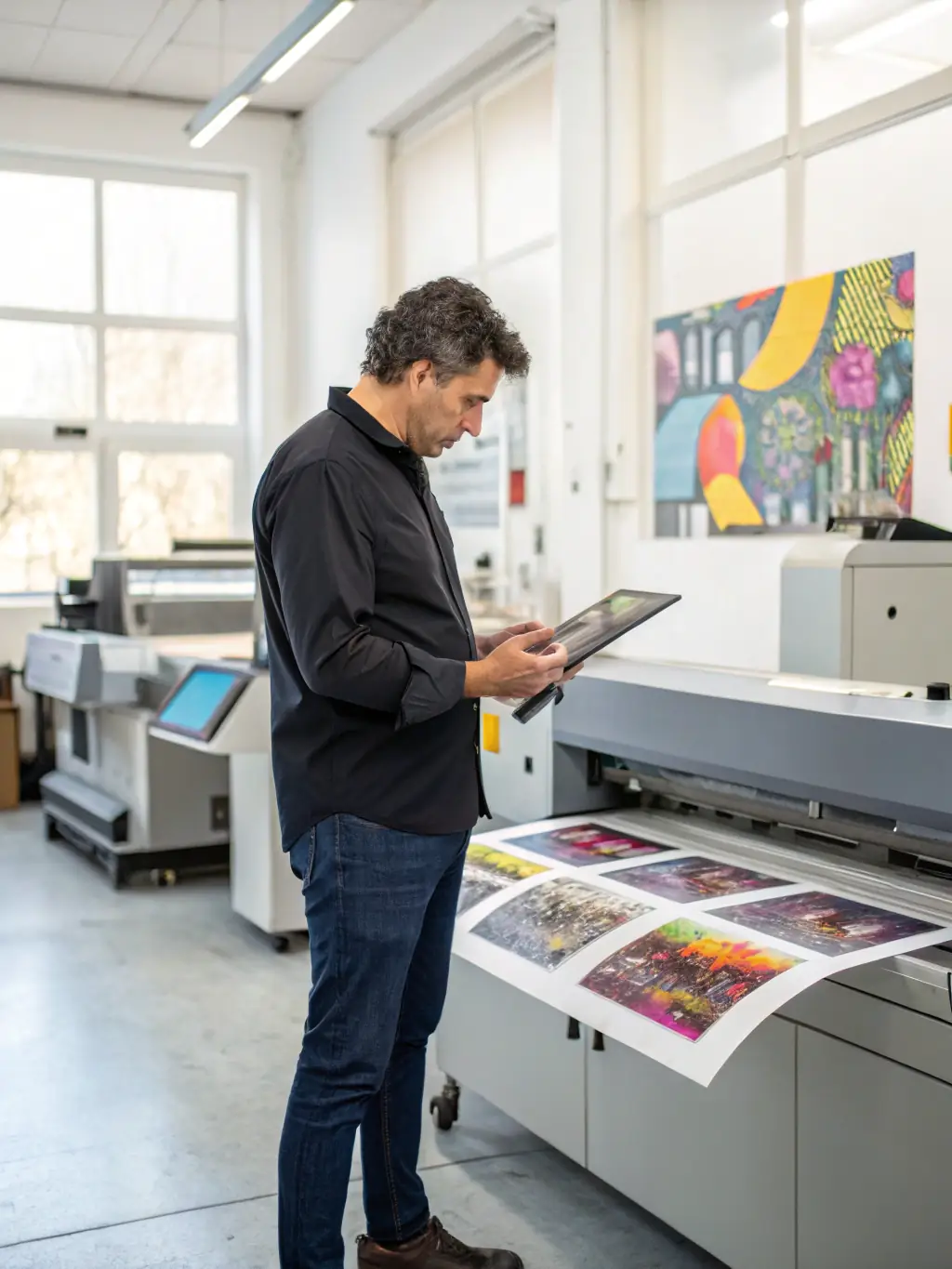A blurred background of a busy equipment repair shop with a clear foreground showcasing a satisfied business owner reviewing financial documents on a tablet.
