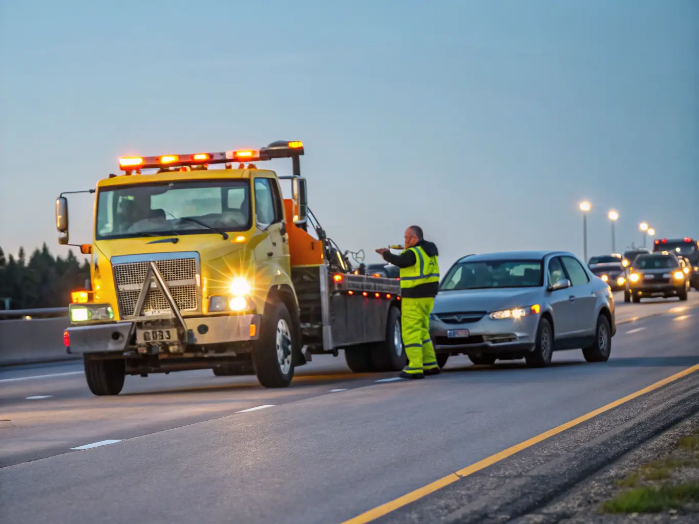 A tow truck assisting a broken-down vehicle on a highway, symbolizing emergency services and the need for quick financial solutions.