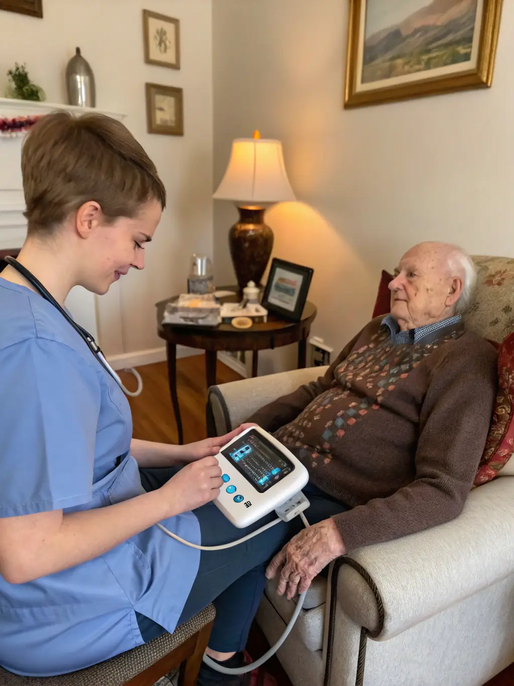 A modern medical equipment, such as a portable diagnostic device, being used by a healthcare professional in a patient's home, showcasing advanced care.