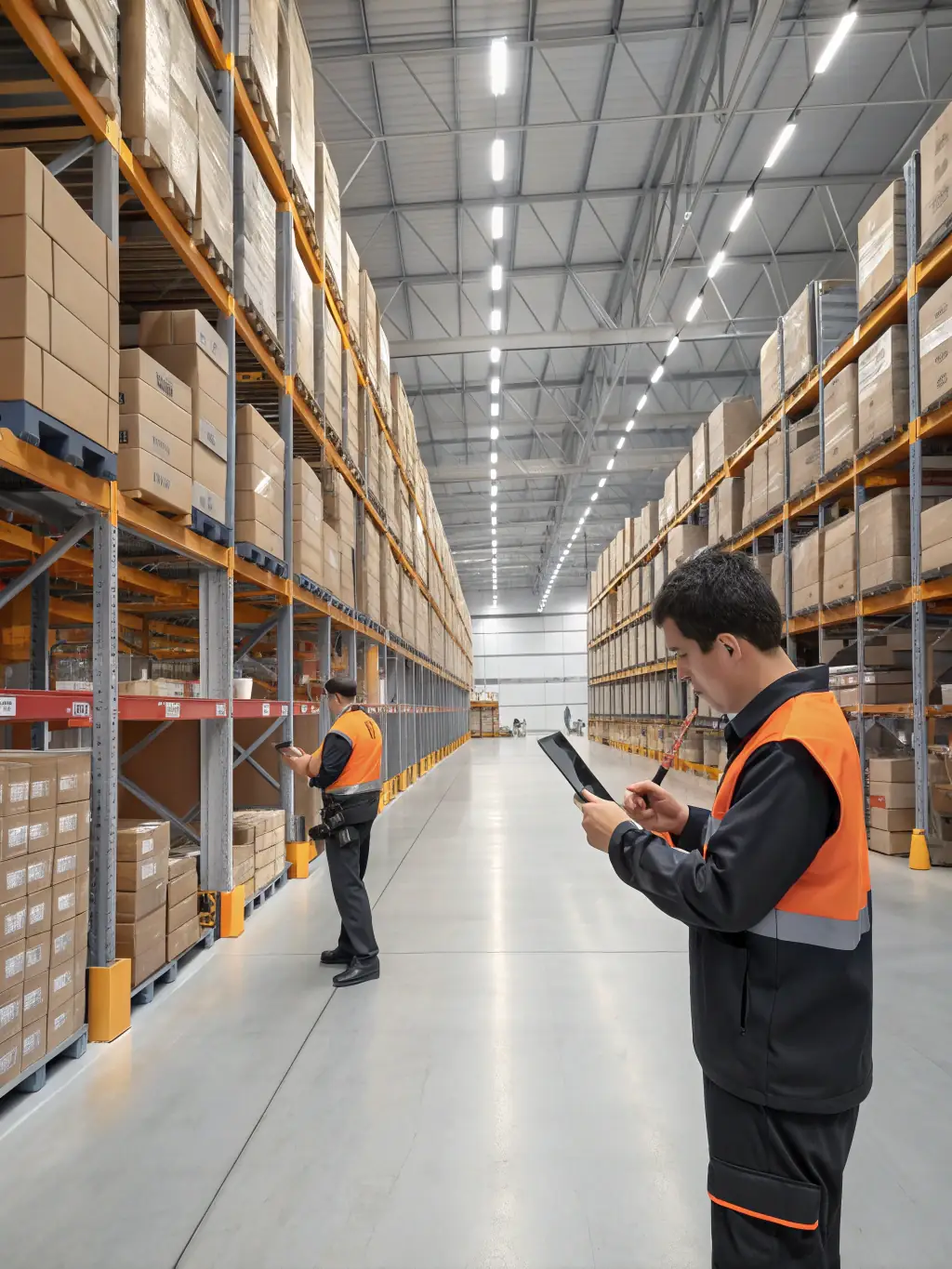 A grocery store employee efficiently managing inventory with a tablet, representing streamlined operations and reduced waste.