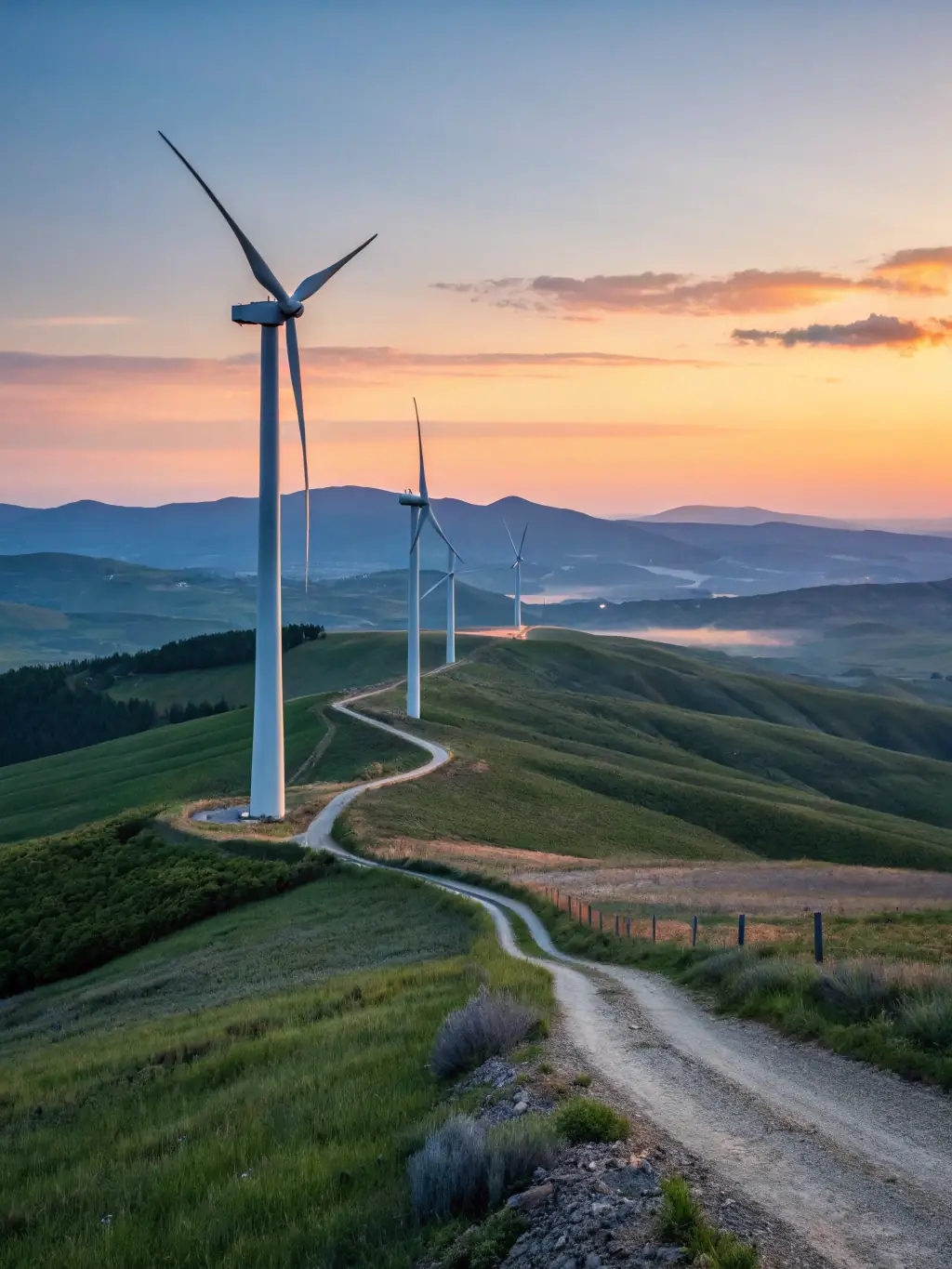 An image of a wind turbine farm at sunset, symbolizing renewable energy and sustainable business practices, with financial growth charts overlaid subtly.