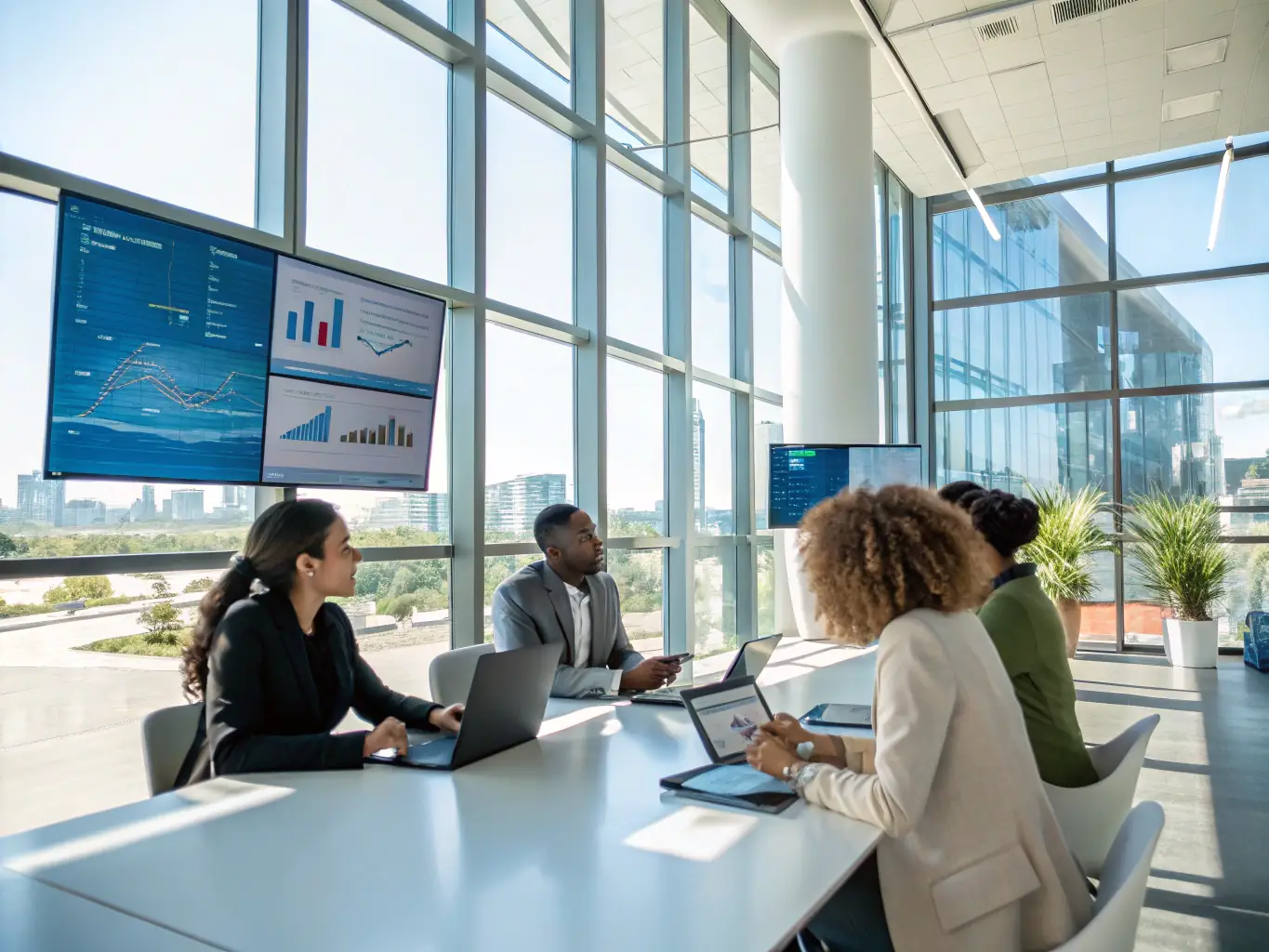 A diverse team of call center employees collaborating on strategies, emphasizing the need for funding to support growth and innovation.