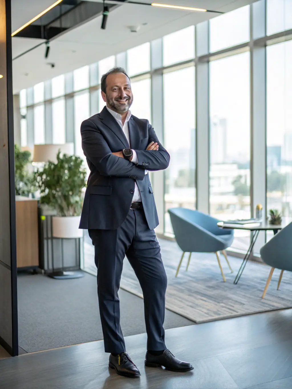 A photograph of a successful design business owner, highlighting the potential for business acquisition with funding.