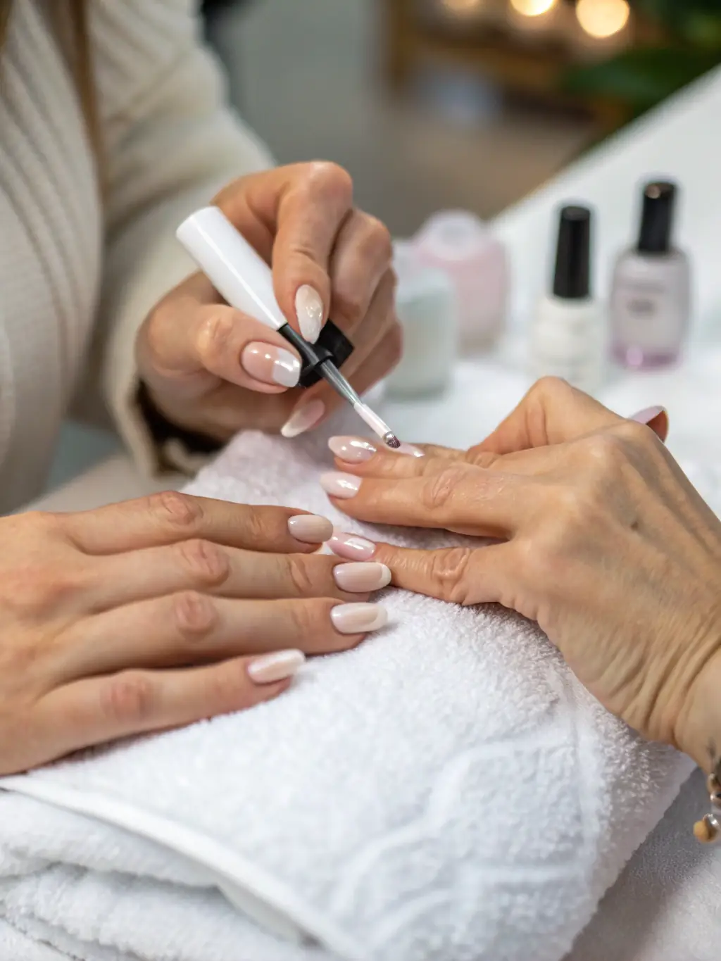 A close-up shot of a nail technician using high-quality tools and products on a client's nails, emphasizing precision and care.