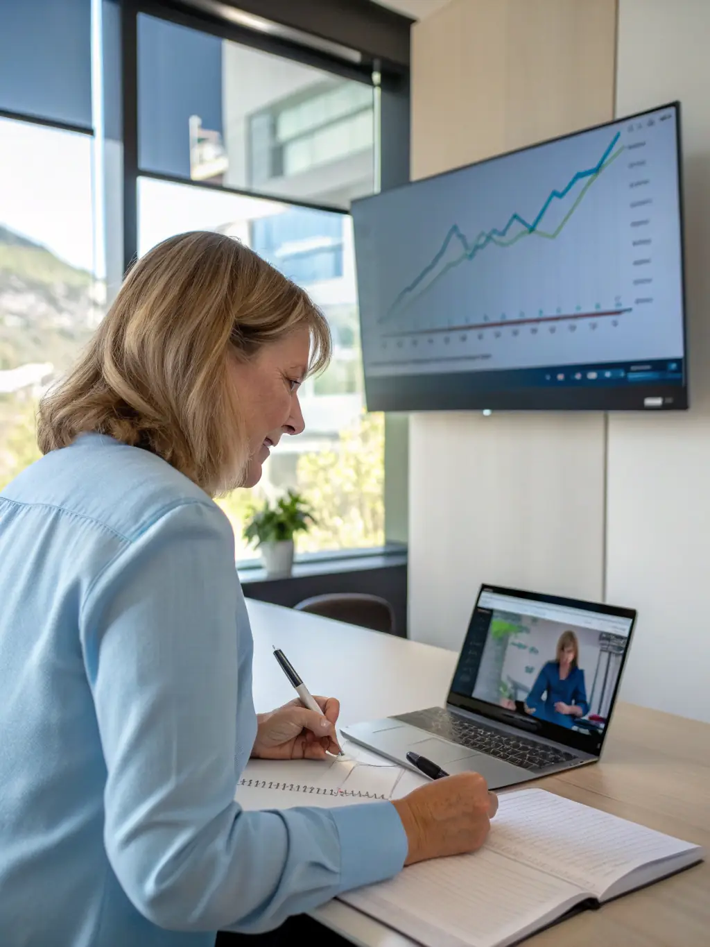 A professional photograph of an Amazon seller reviewing their sales dashboard on a laptop, smiling confidently, with a focus on data-driven decision-making.