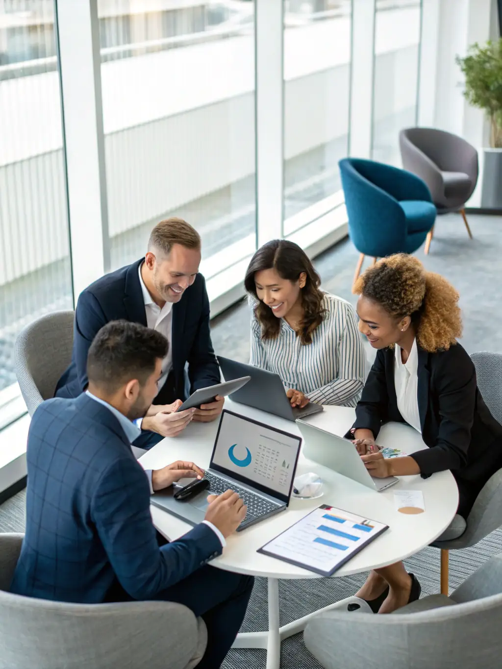 An image of a diverse team of financial experts collaborating in a modern office, emphasizing Mulah's industry expertise and commitment to auto sales.