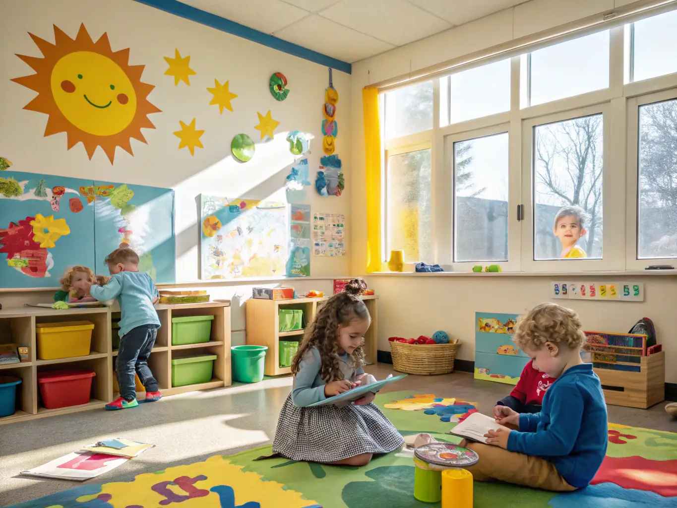 A brightly lit, modern child care center classroom with children engaged in various activities, symbolizing a thriving and well-funded educational environment.