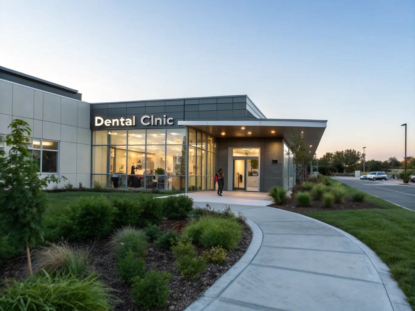 An architect's rendering of a new, modern dental practice building, representing expansion funding for growing practices.