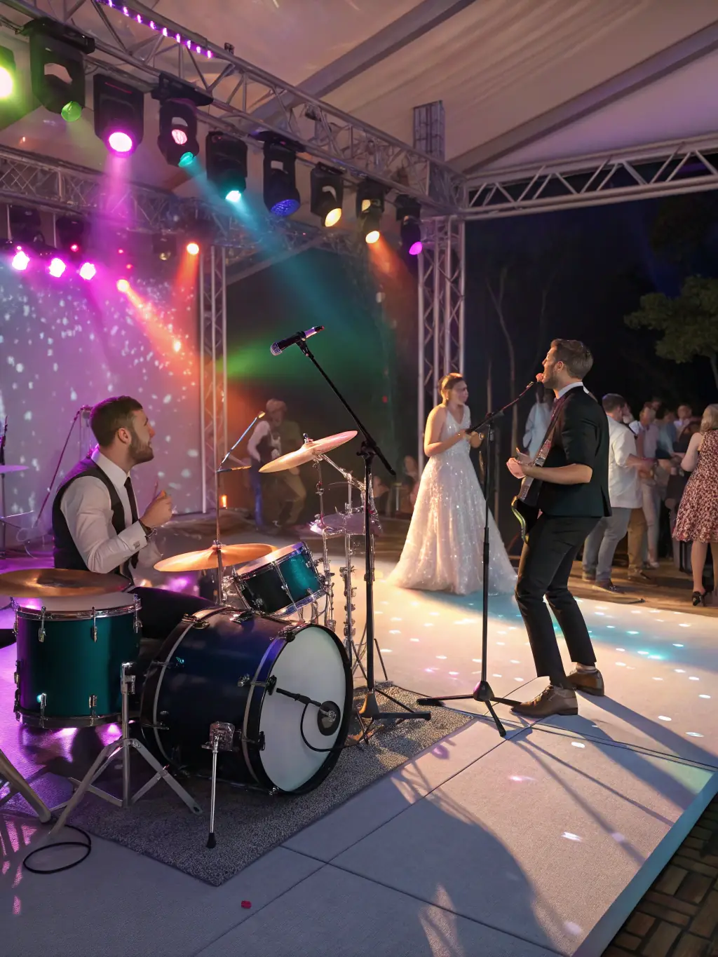 A dynamic image of a live music venue, with a band performing on stage and the audience cheering, highlighting the energy and financial needs of live entertainment.