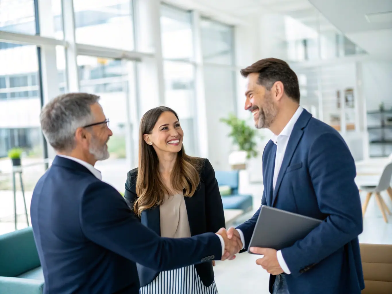 A close-up shot of a financial advisor shaking hands with a collection agency owner, symbolizing trust and industry expertise.