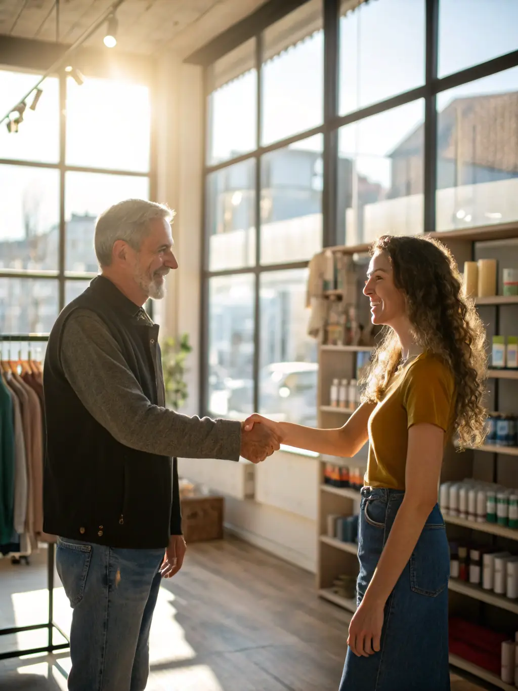 A furniture store owner smiling and shaking hands with a Mulah representative, symbolizing a successful funding partnership.