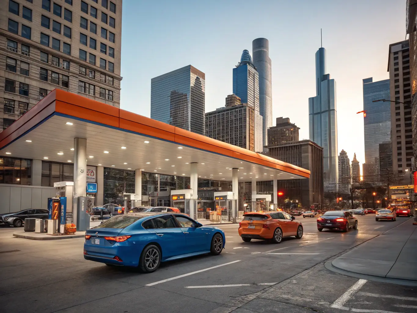 A vibrant gas station forecourt with cars fueling up, showcasing a busy and successful business benefiting from Mulah's funding.