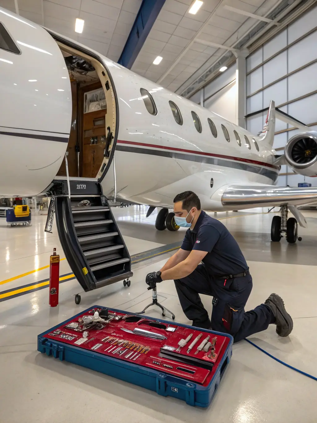 An image depicting a well-equipped aircraft maintenance hangar with mechanics working on an engine, representing operational efficiency and investment in maintenance, for a financial services website.