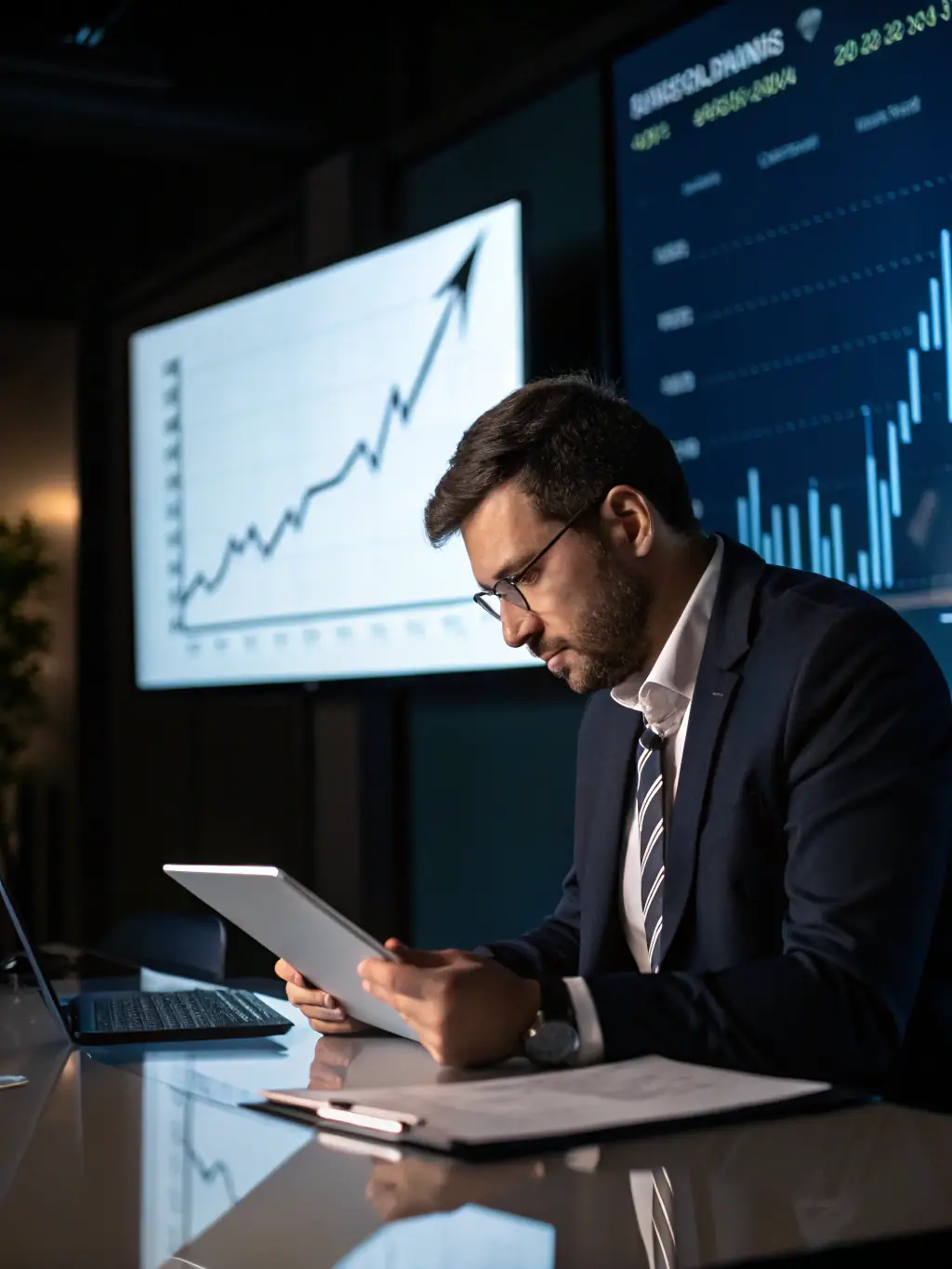 A professional broker reviewing financial documents with a satisfied expression, symbolizing trust and expertise in funding solutions.