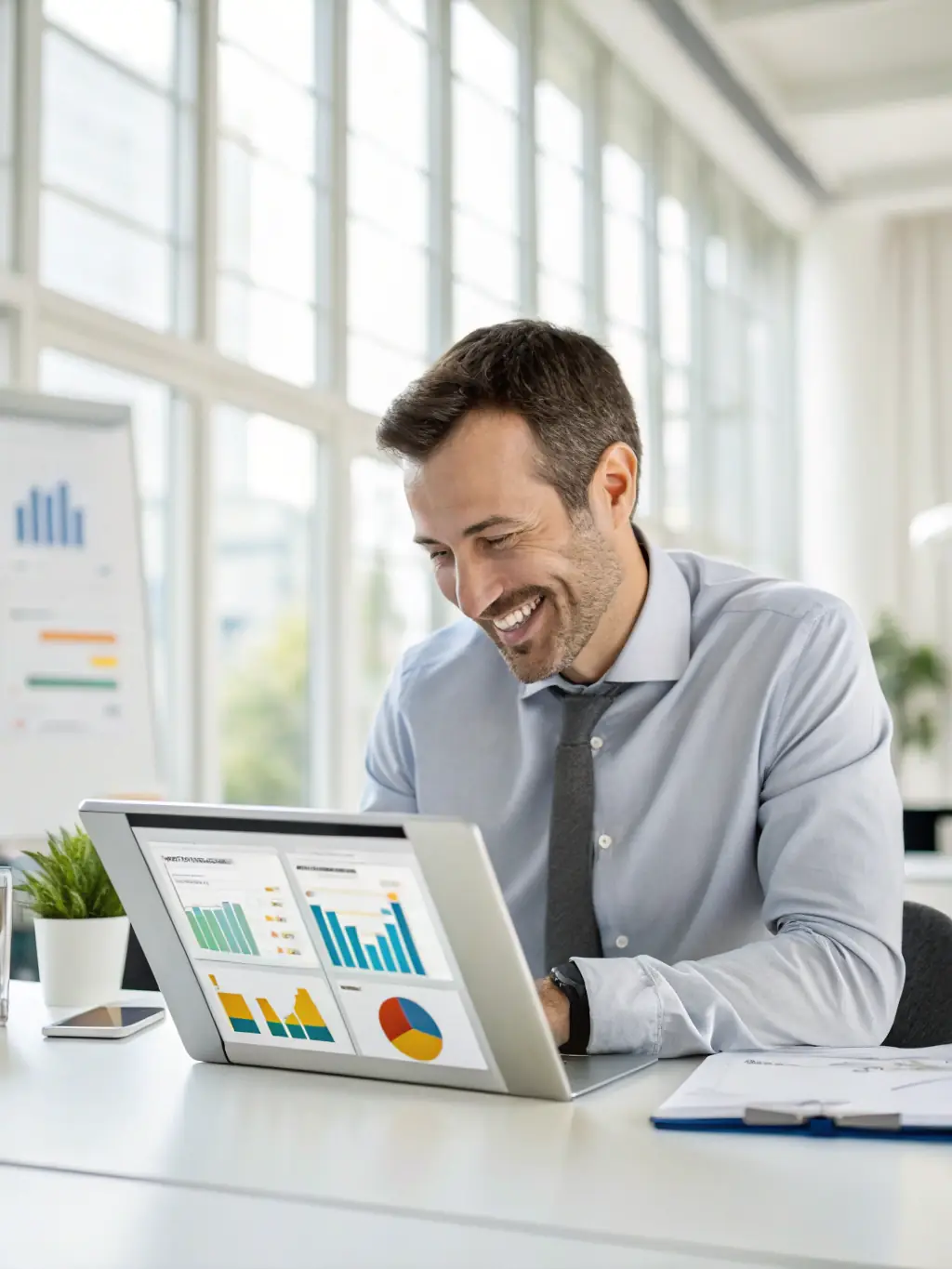 A professional photograph of a courier company owner smiling confidently while reviewing delivery routes on a tablet, showcasing their satisfaction with Mulah's services.