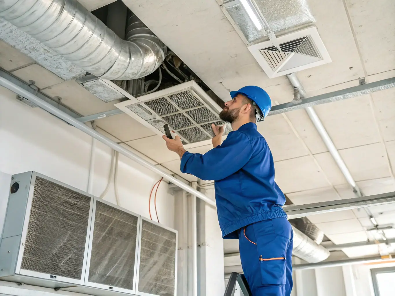 A modern HVAC technician using advanced diagnostic tools on a commercial HVAC system, showcasing equipment upgrade possibilities.