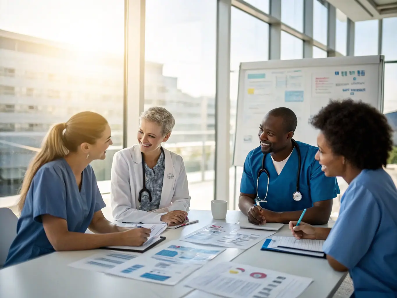 A diverse group of healthcare professionals, including doctors, nurses, and administrators, are engaged in a collaborative meeting, reviewing financial reports and discussing strategic growth plans, symbolizing Mulah's support for healthcare business development.