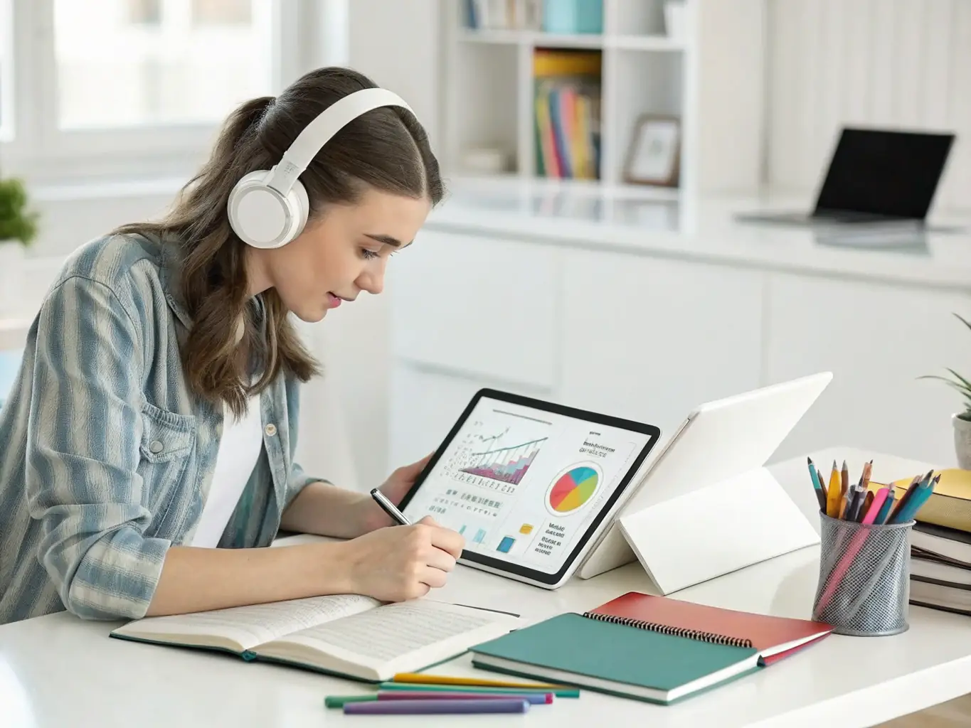 A digital illustration depicting a coin shop owner confidently using a tablet to manage their finances and track sales, symbolizing efficient business management.